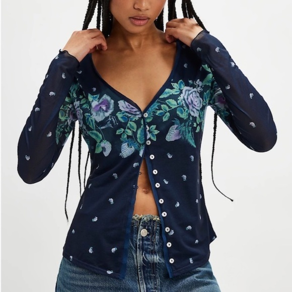 New Free People Home Grown Floral Mesh Cardi NWT Size Medium - Picture 2 of 6